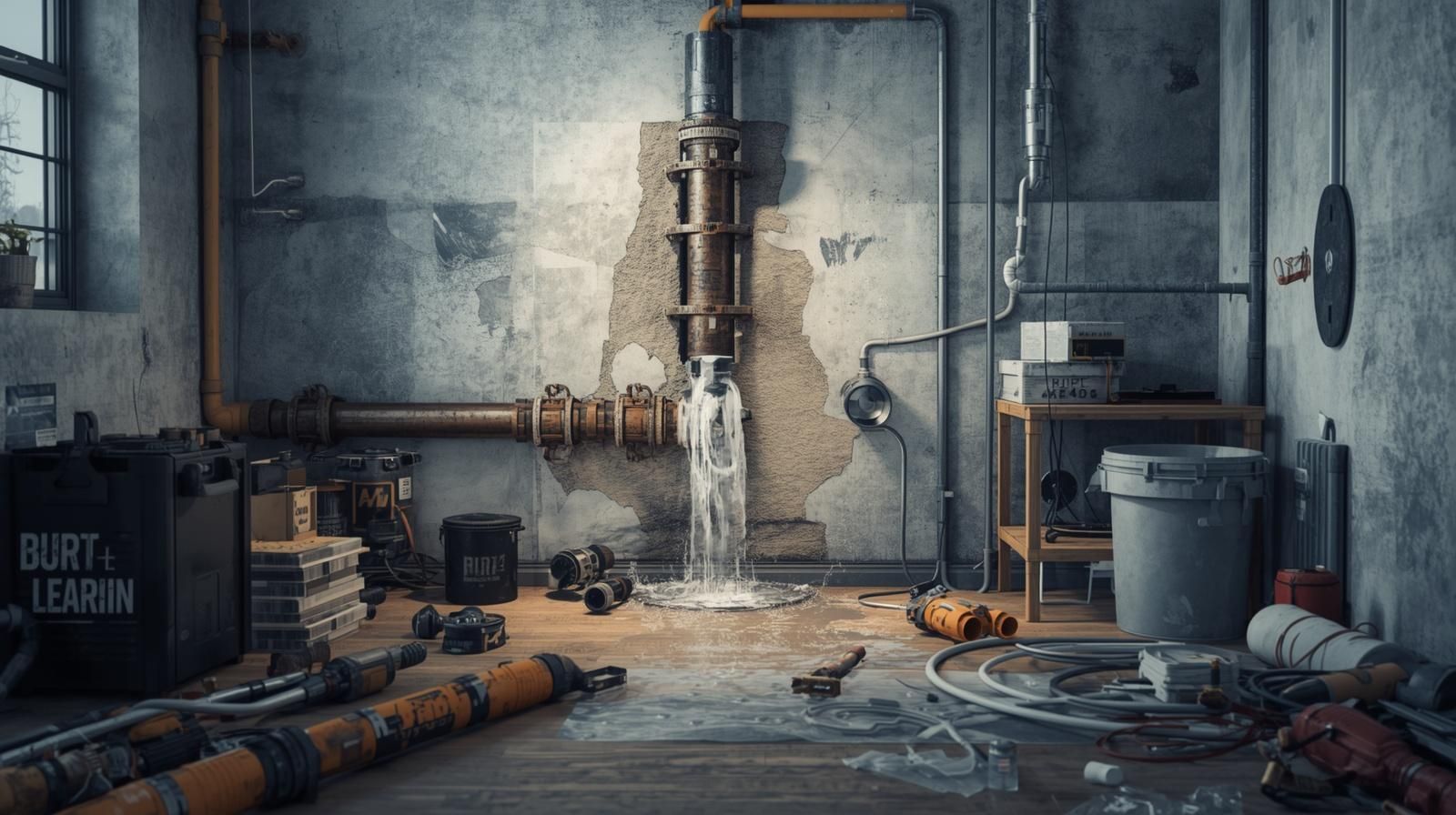 Industrial basement with pipes, a central ladder, water pooling on the floor, and scattered tools and equipment.
