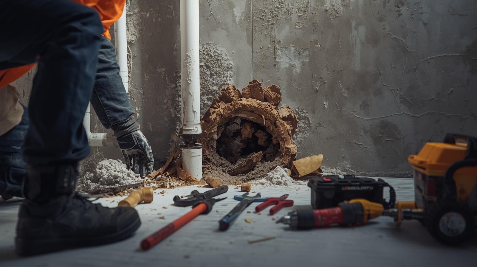 Worker cutting into a wall pipe with tools scattered on a concrete floor.