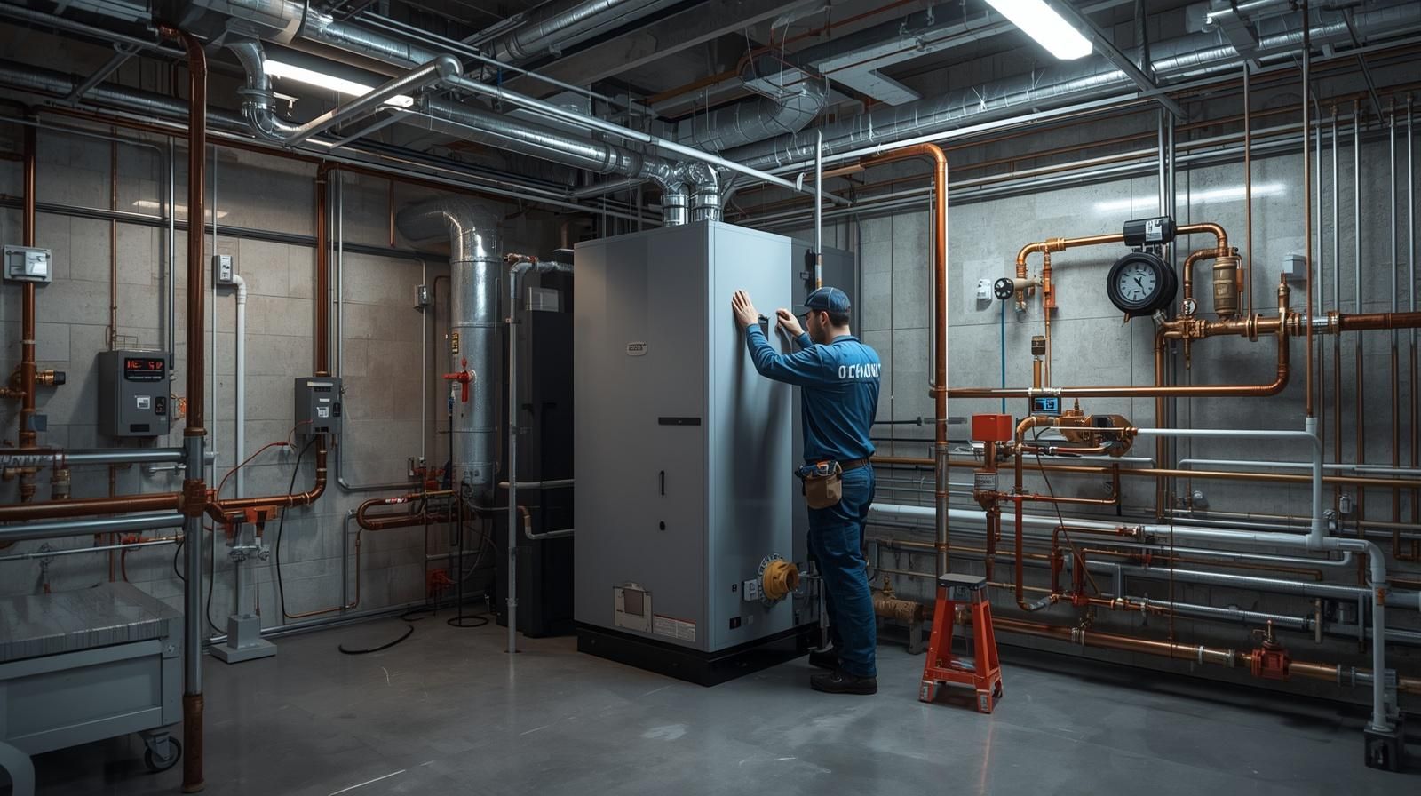 Technician inspecting a large boiler in an industrial mechanical room with copper pipes and valves.