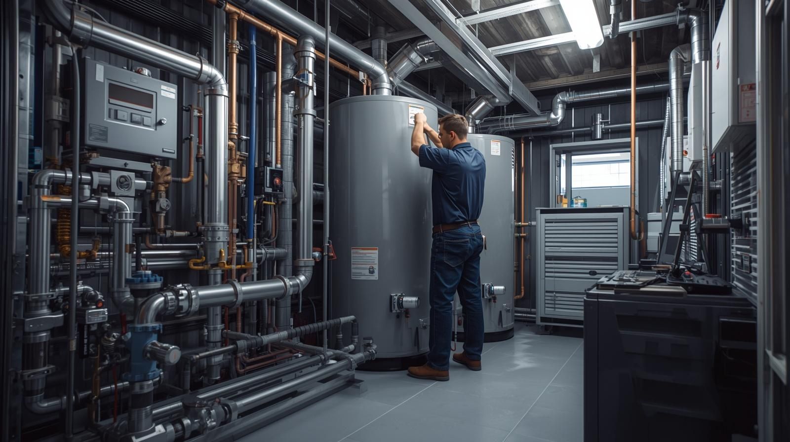 Technician inspecting industrial machinery in a metal-lined utility room with pipes and control panels.