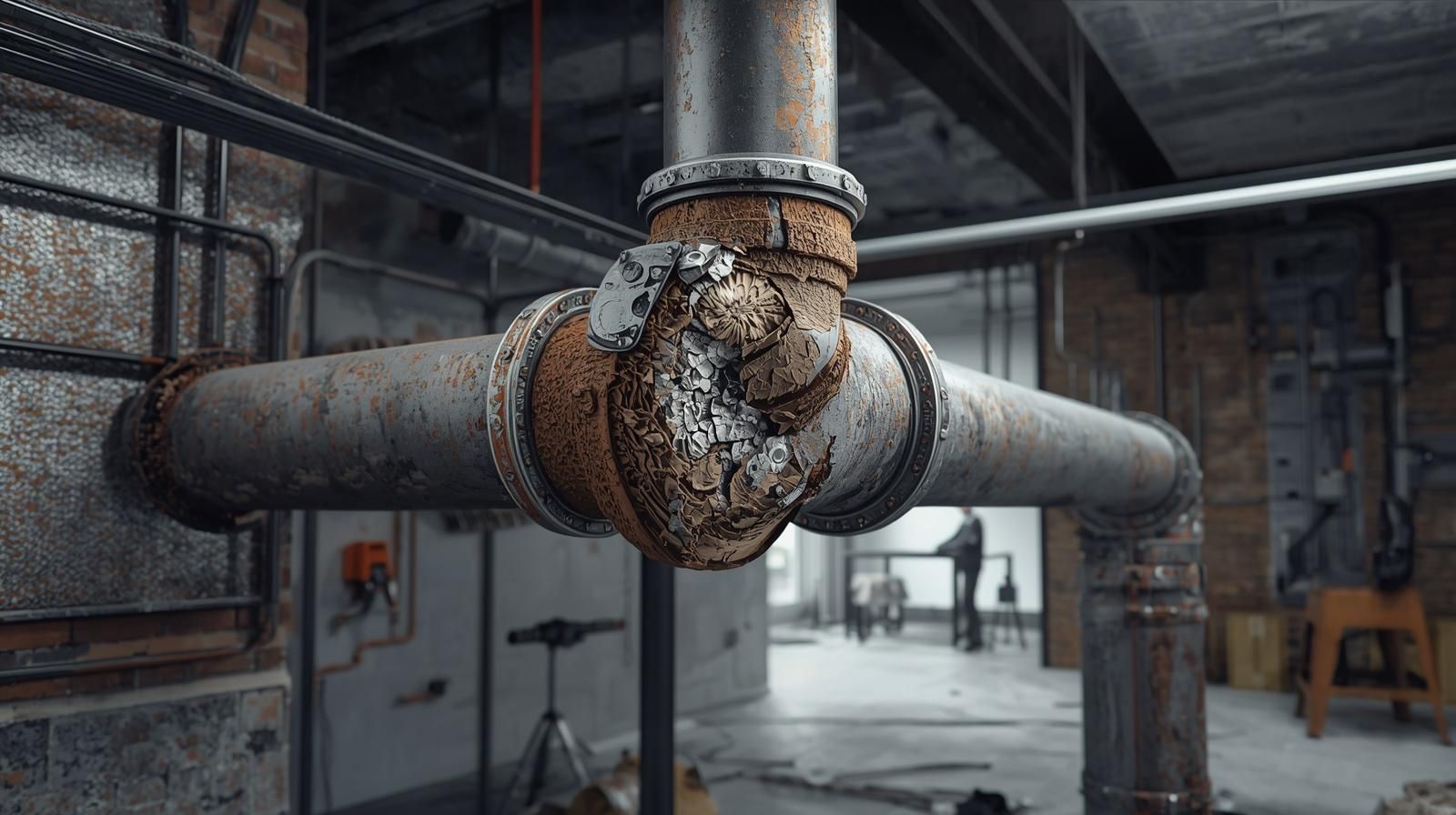 Rusty industrial pipes in a factory basement, with a corroded joint in the center.