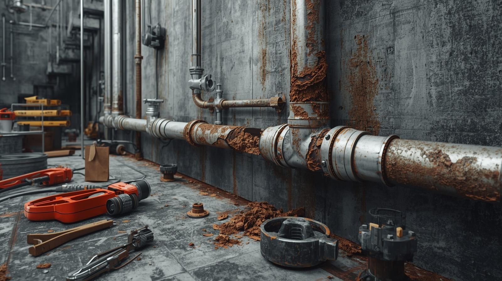 Rusty industrial pipes leaking brown sludge in a grimy factory interior with tools on the floor