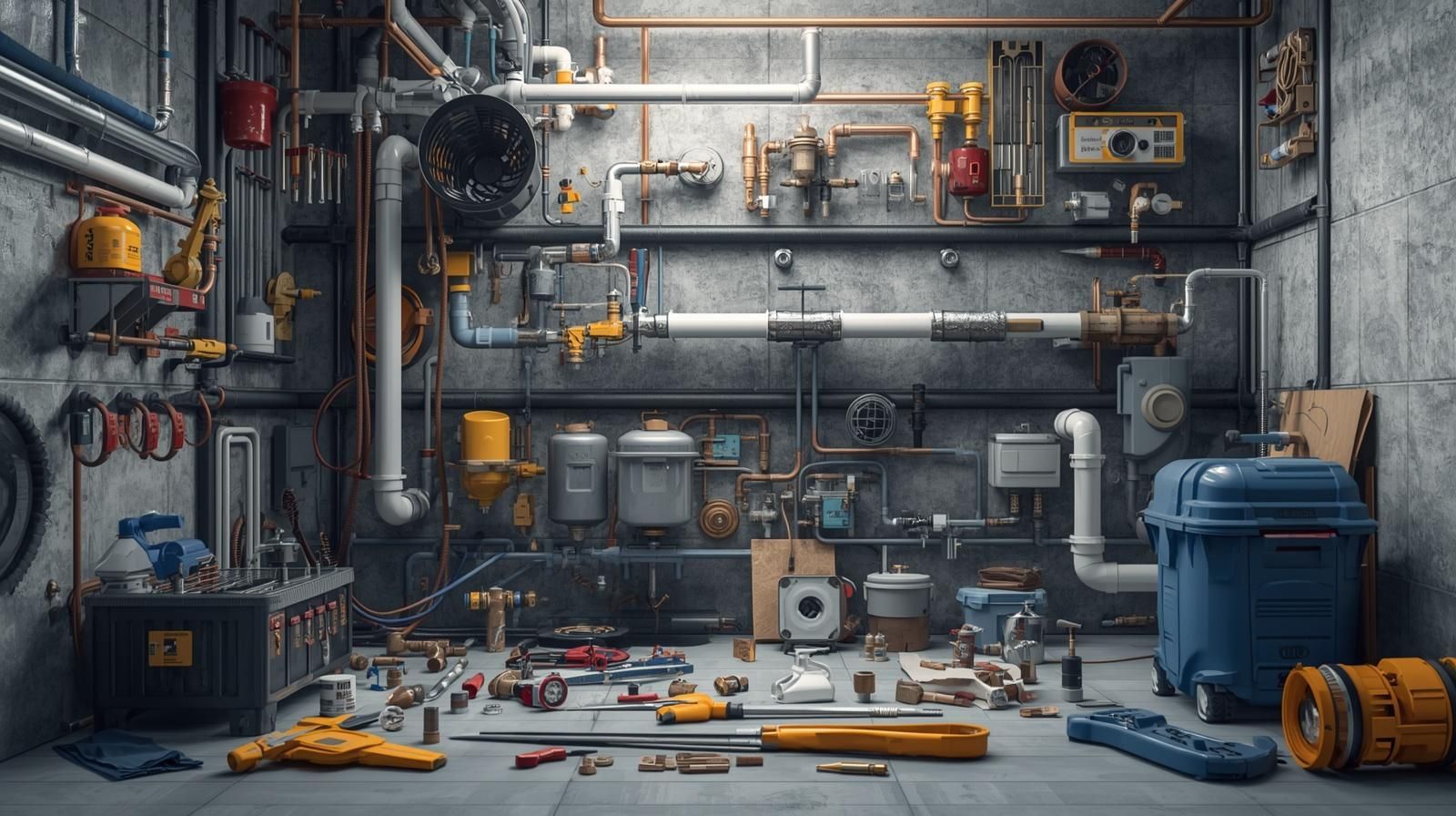 Cluttered industrial workshop with tools, pipes, shelves, and machinery against a worn gray wall