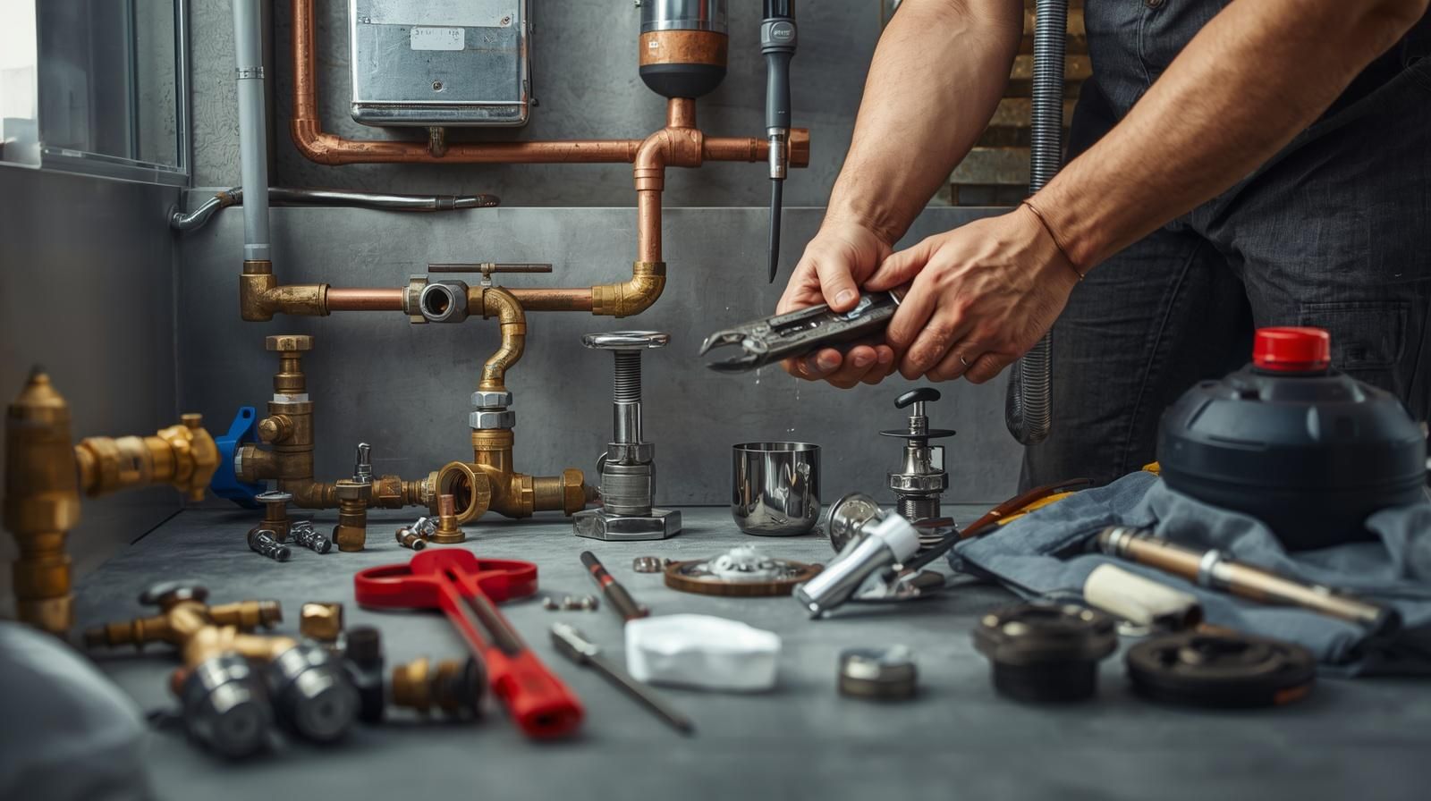 Plumber repairing copper pipes on a workbench with tools in a workshop-like utility room
