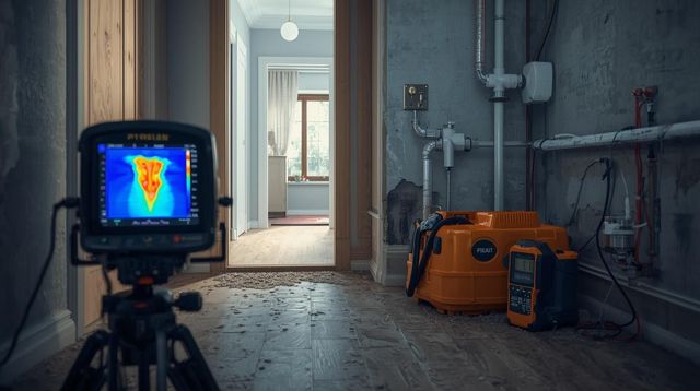 Thermal camera on tripod in unfinished room, showing a heat map toward a doorway and hallway.