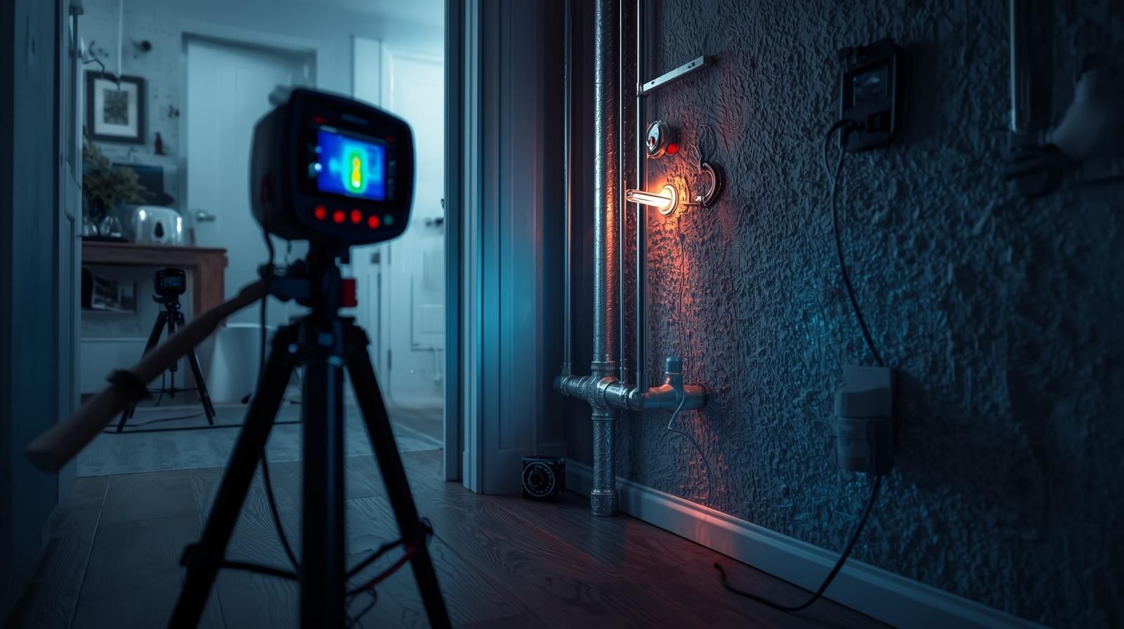 Thermal camera on tripod in dark room, aimed at a wall with a glowing electrical fault.