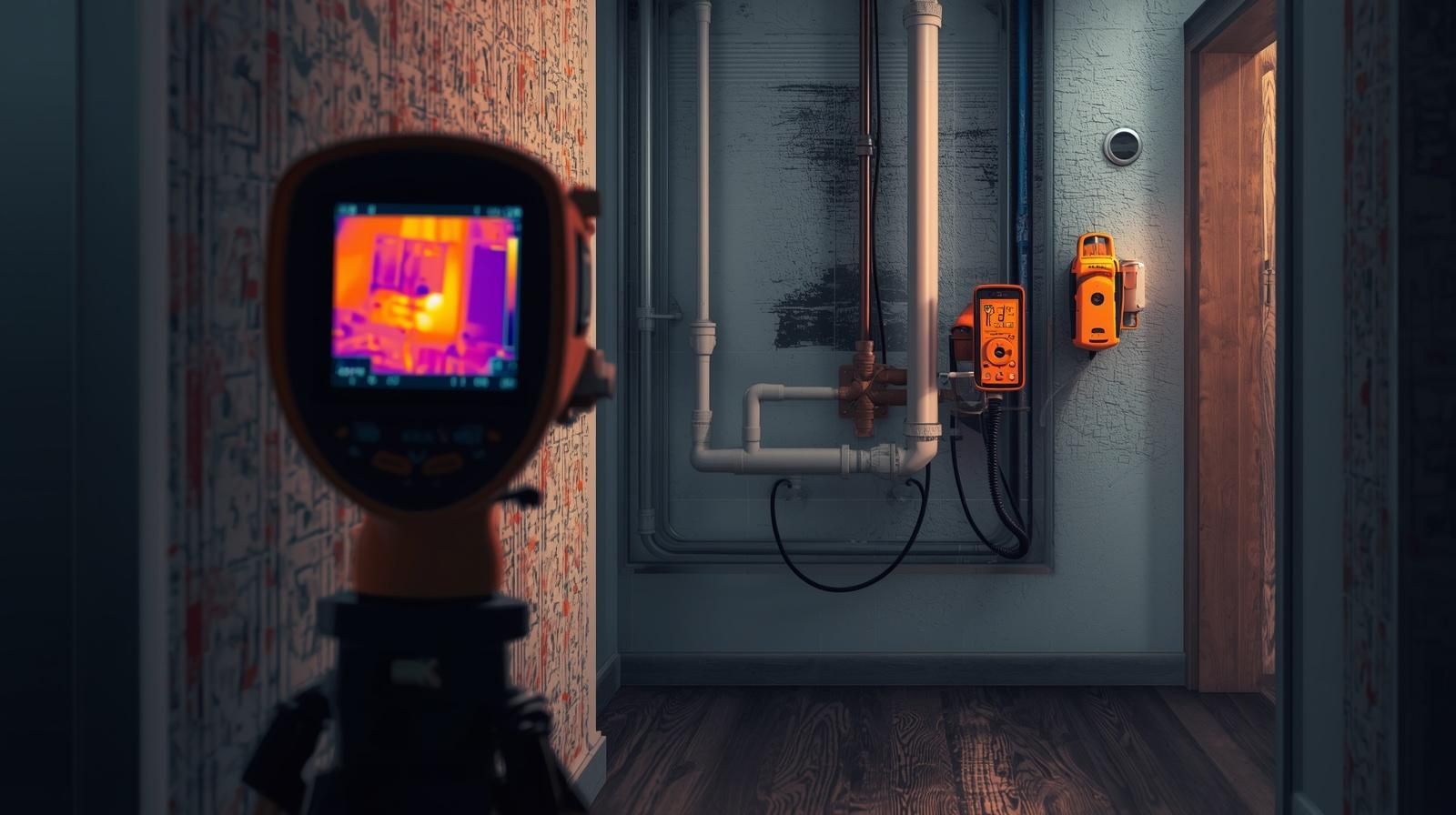 Thermal camera view of a wall-mounted electrical panel and control boxes in a dim hallway