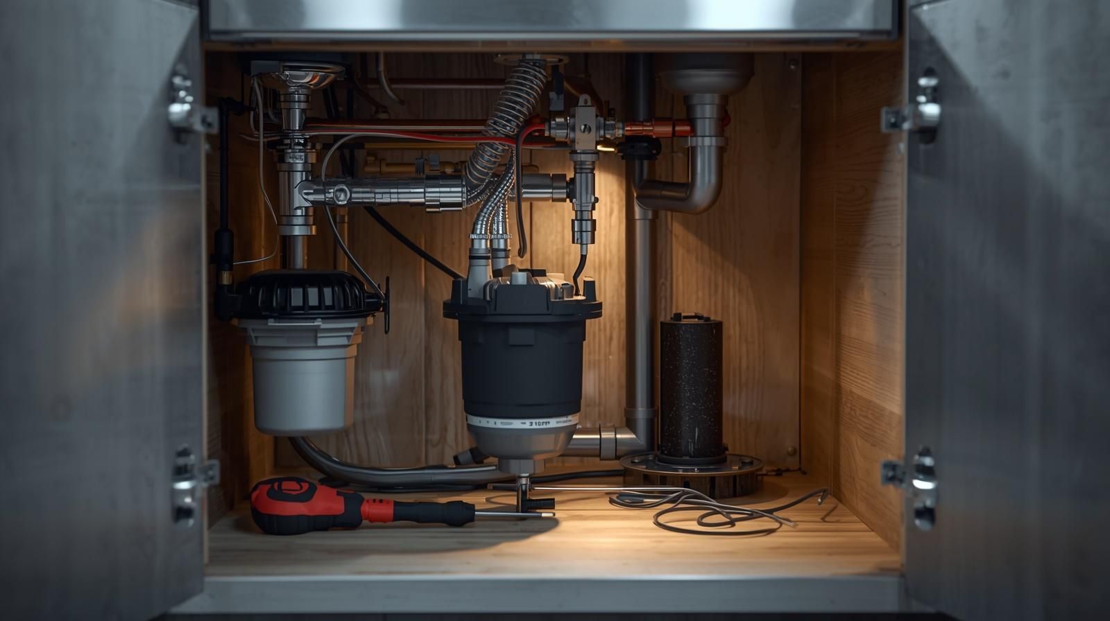 Under-sink cabinet with plumbing pipes, garbage disposal, and cleaning supplies on the bottom shelf