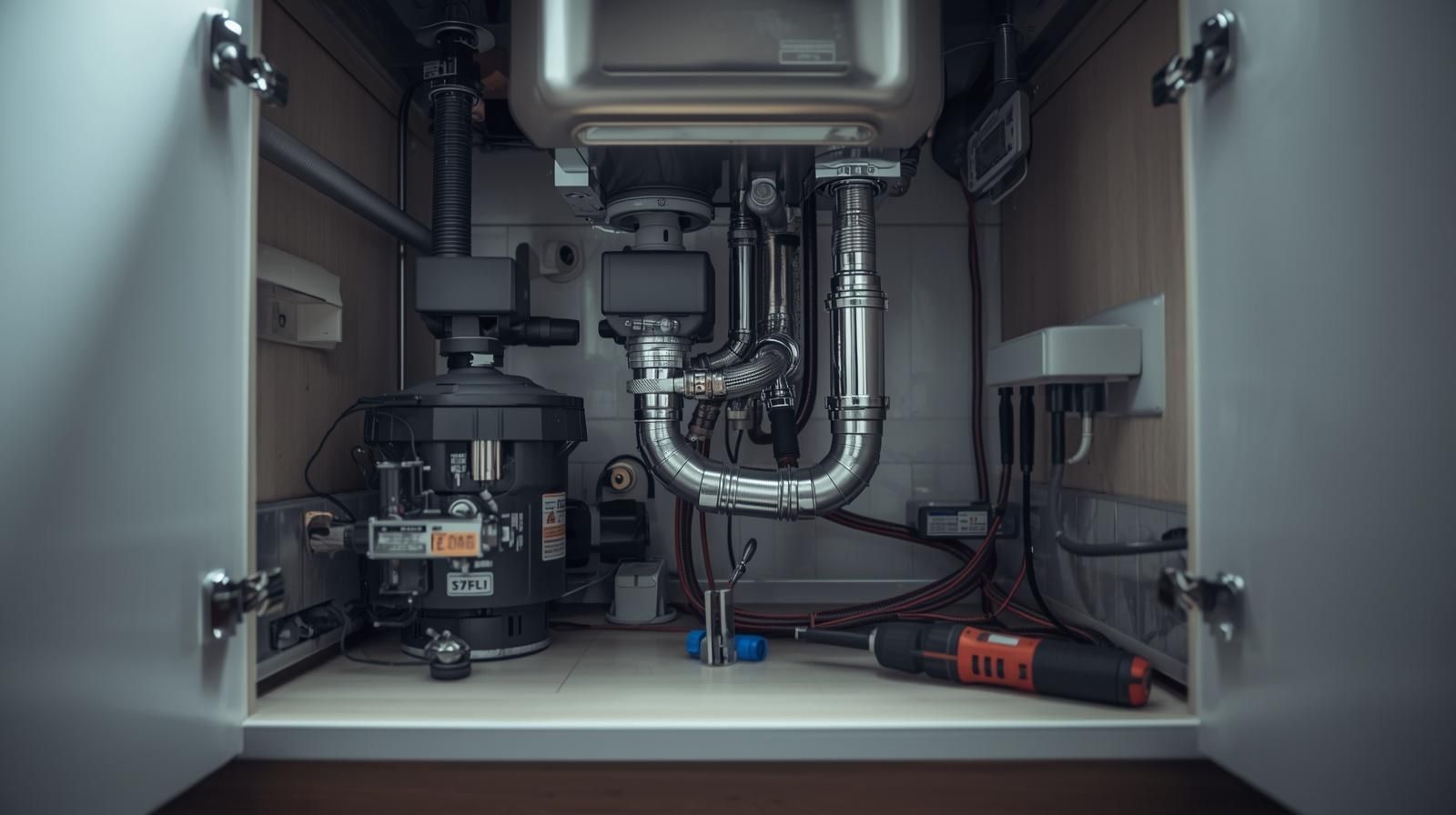 Interior of a utility cabinet with exposed pipes, valves, wiring, and a small pump system.