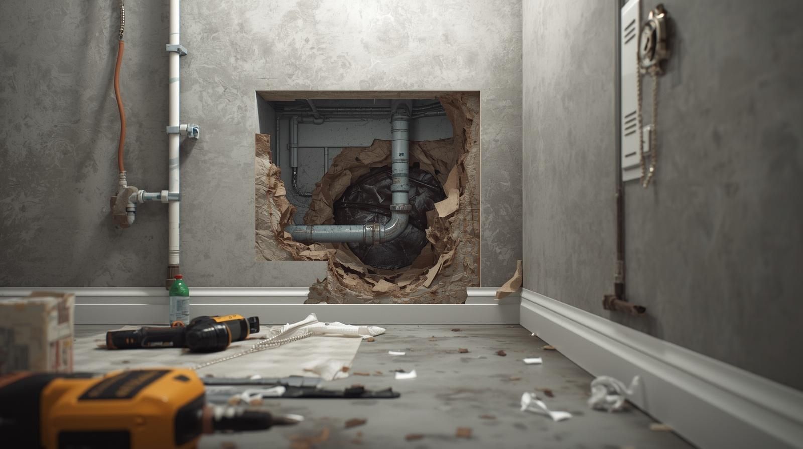 Damaged concrete wall with a large hole, debris on floor, and a tool cart in a gray room.