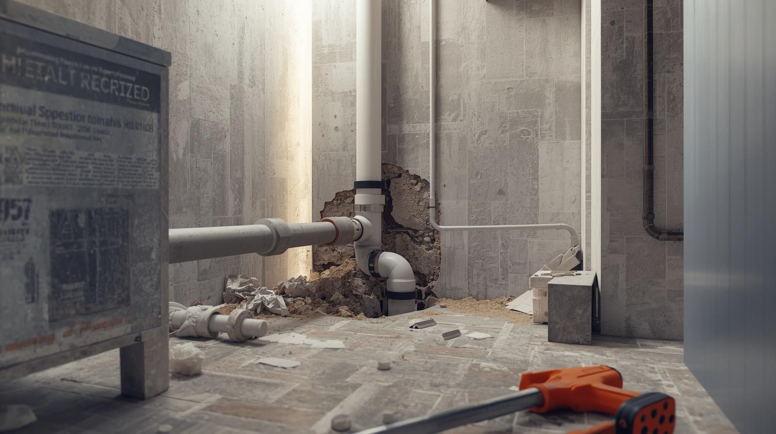 Damaged concrete hallway with broken pipes, debris, and an orange toolbox on the floor.
