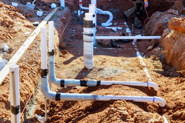 PVC pipes in a trench at a construction site, with white and black pipe sections