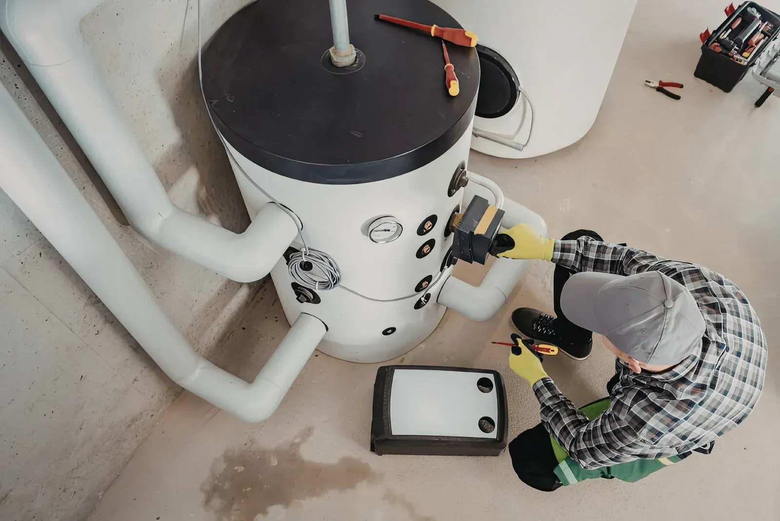 Technician kneeling beside a white water heater, inspecting pipes with tools on the floor.