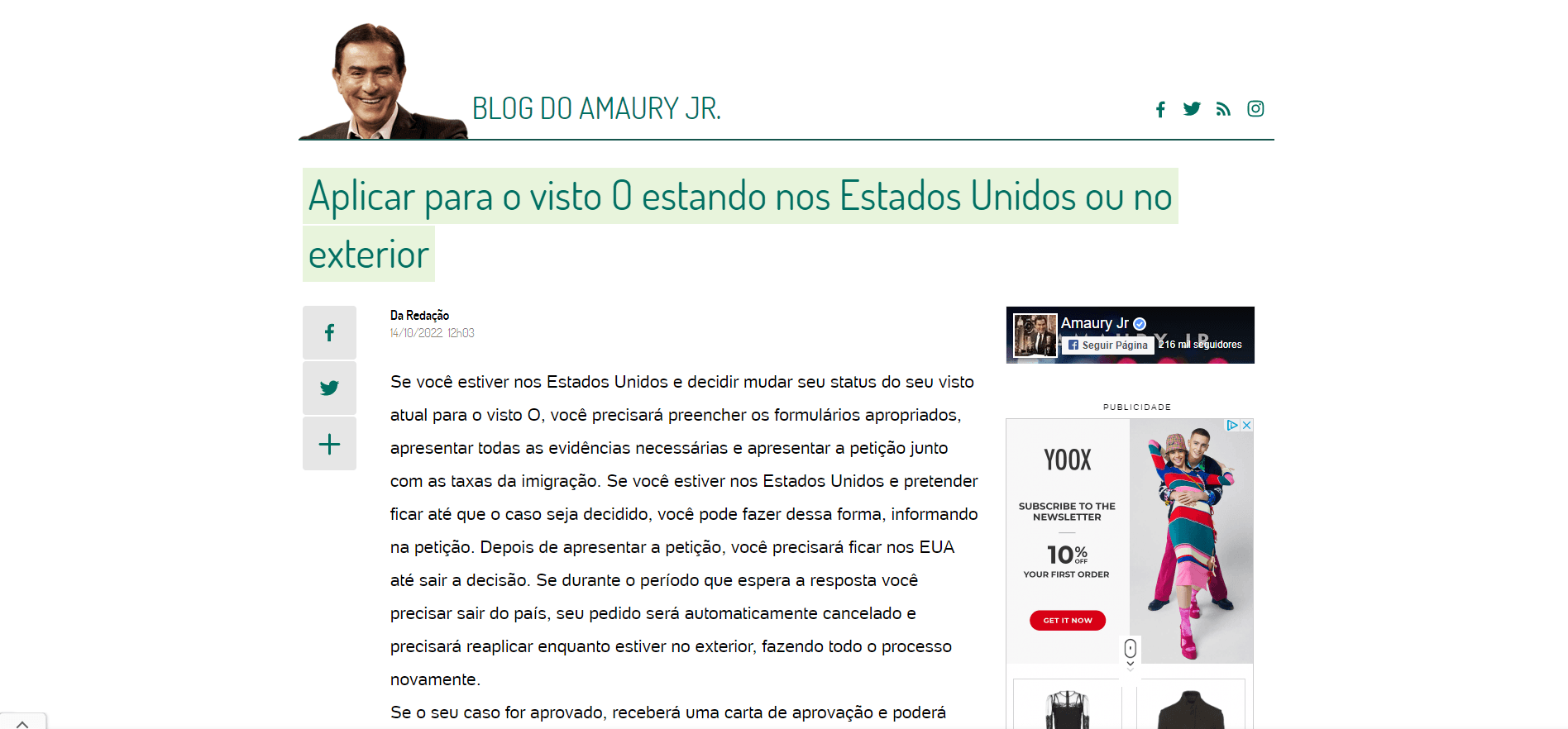 Blog post with a green headline about applying for a U.S. visa while abroad, featuring a man's photo and sidebar ads.