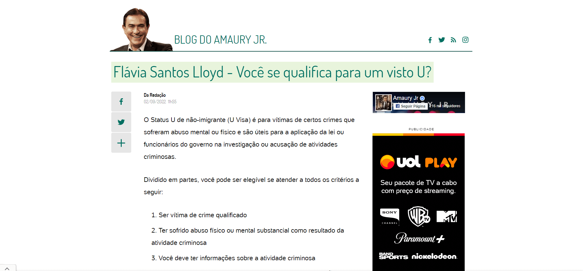 A web article by Flávia Santos Lloyd about US visa qualifications, featuring an ad for UOL Play on the right.