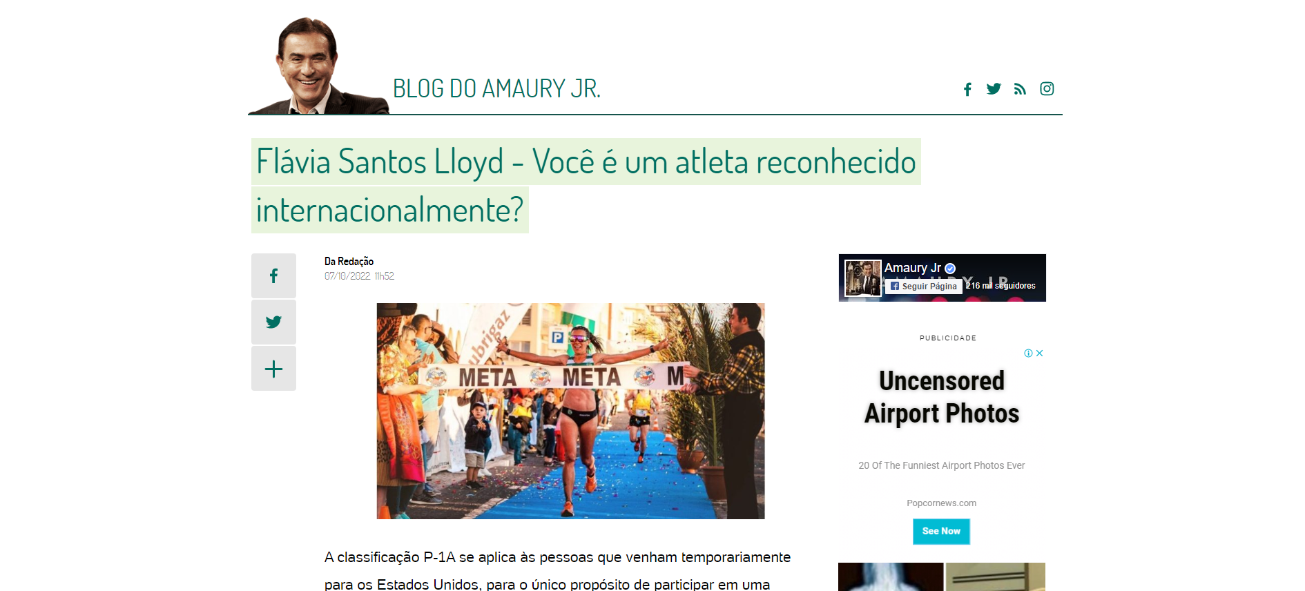 Article featuring a runner crossing a finish line with a banner that reads 
