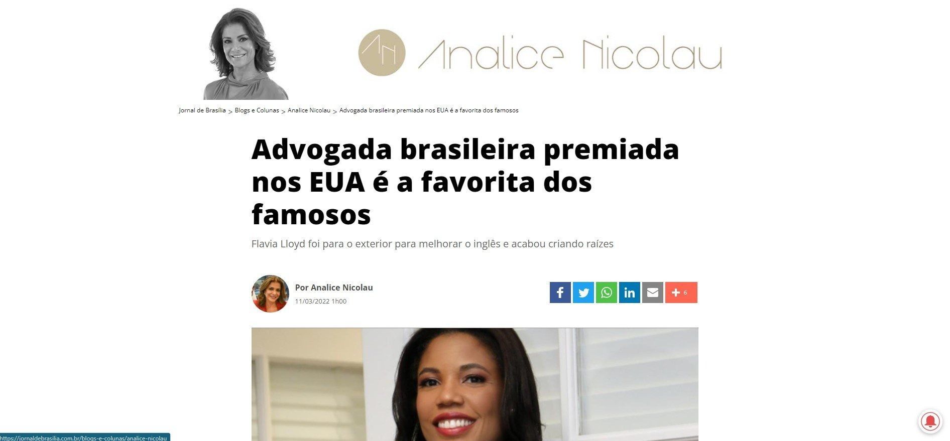 Article headline about a Brazilian lawyer in the US who is a favorite among celebrities, featuring her portrait.