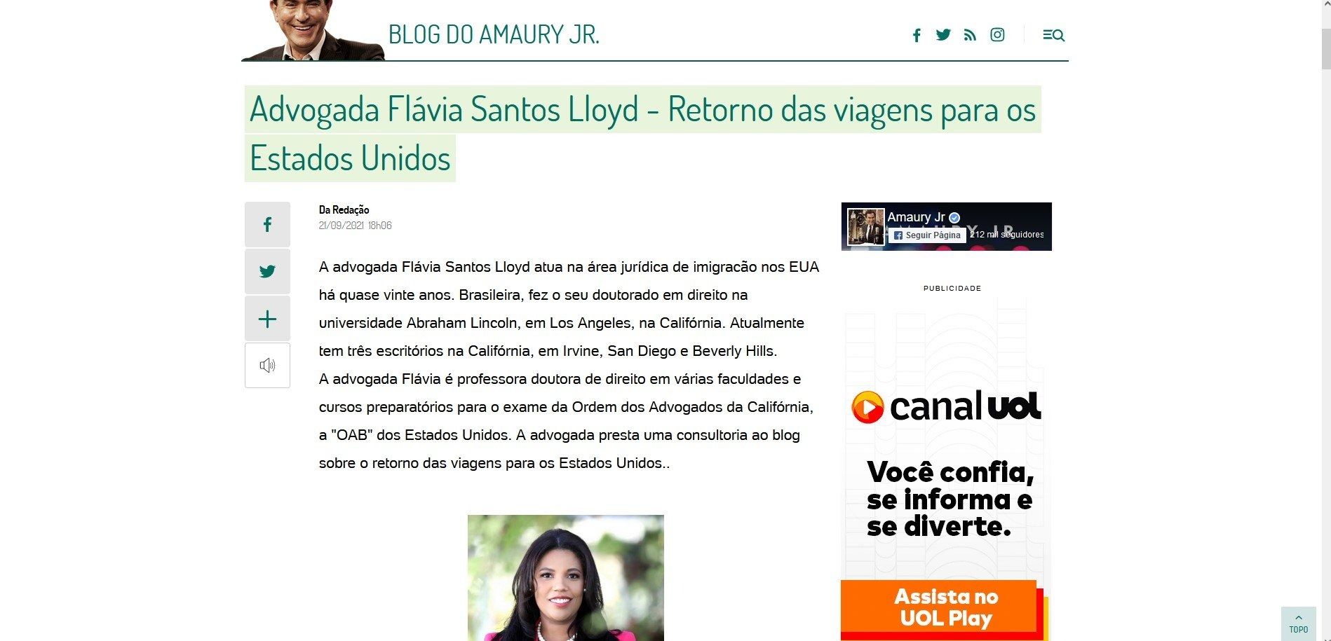Webpage article about lawyer Flavia Santos Lloyd, featuring her portrait and information regarding travel to the U.S.