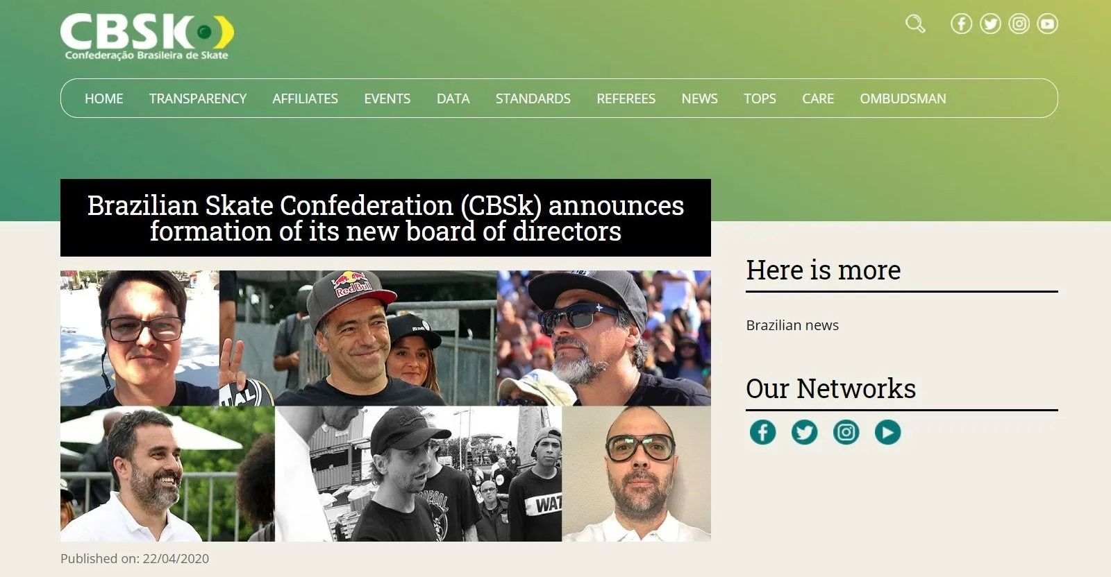 Website header for the Brazilian Skate Confederation featuring a headline about its new board of directors and member photos.