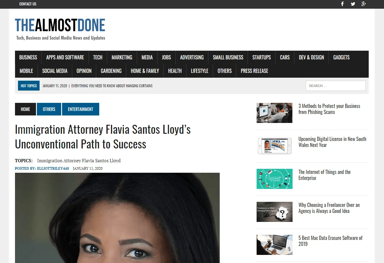 A screenshot of TheAlmostDone website featuring an article about immigration attorney Flavia Santos Lloyd.