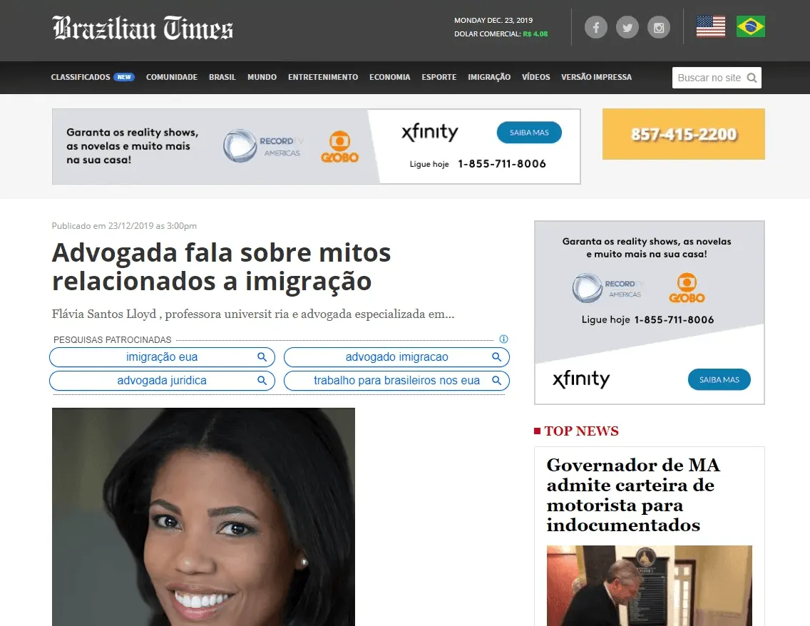 Header of the Brazilian Times website featuring an article about immigration myths and a headshot of a smiling woman.