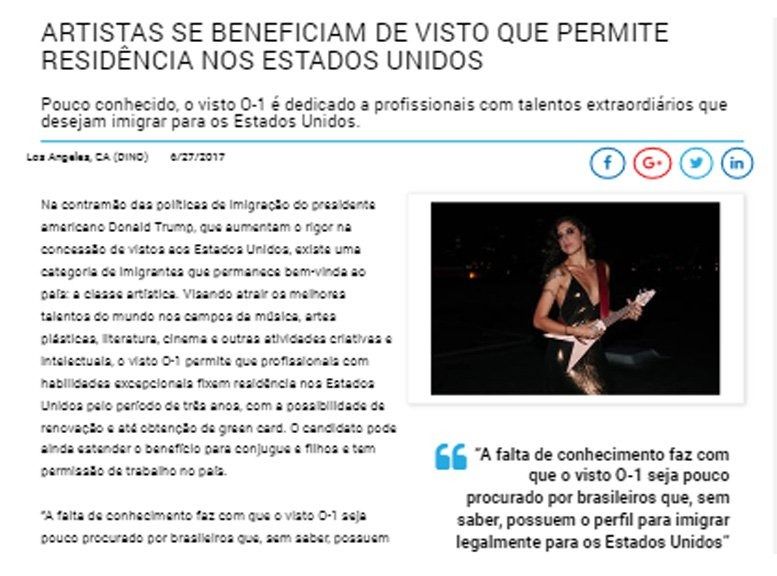 A news article about the O-1 visa for artists featuring a photograph of a person playing an electric guitar.