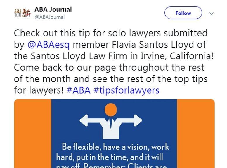 ABA Journal tweet sharing a professional tip from lawyer Flavia Santos Lloyd featuring an orange and blue graphic.