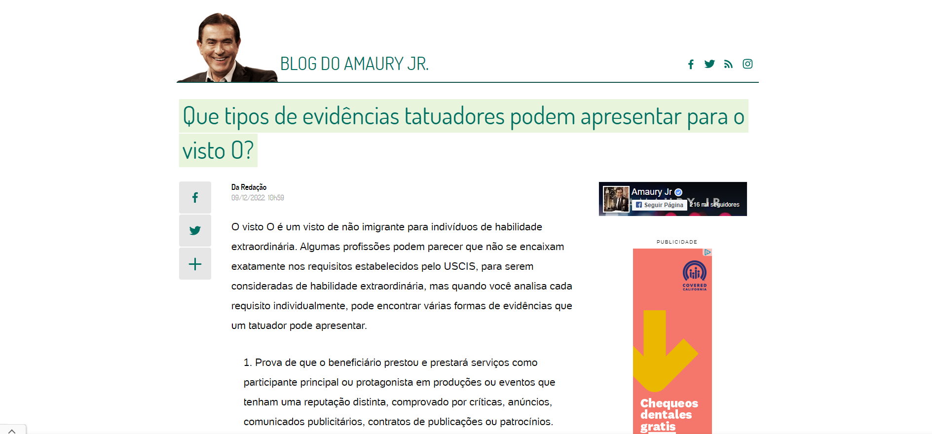 Blog post header with title about evidence for D1 visa applications, including a profile photo and vertical sidebar ad.