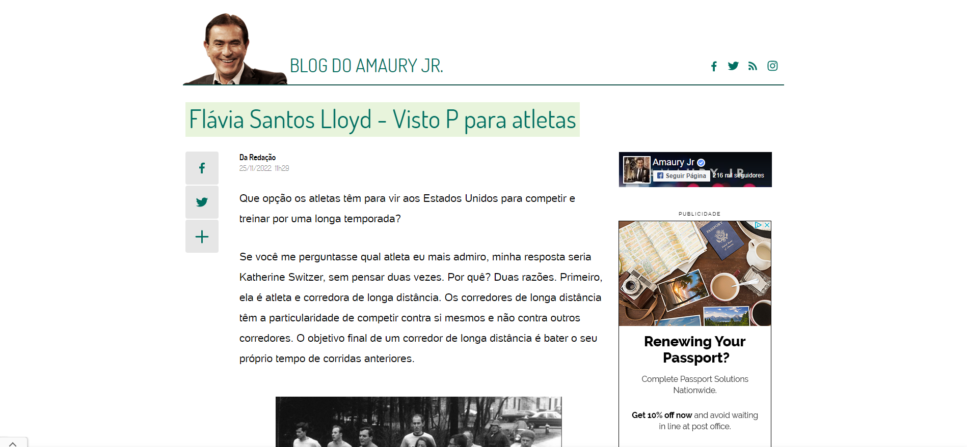 A webpage featuring a headline about athlete visas, with a professional portrait and a sidebar advertisement for passports.