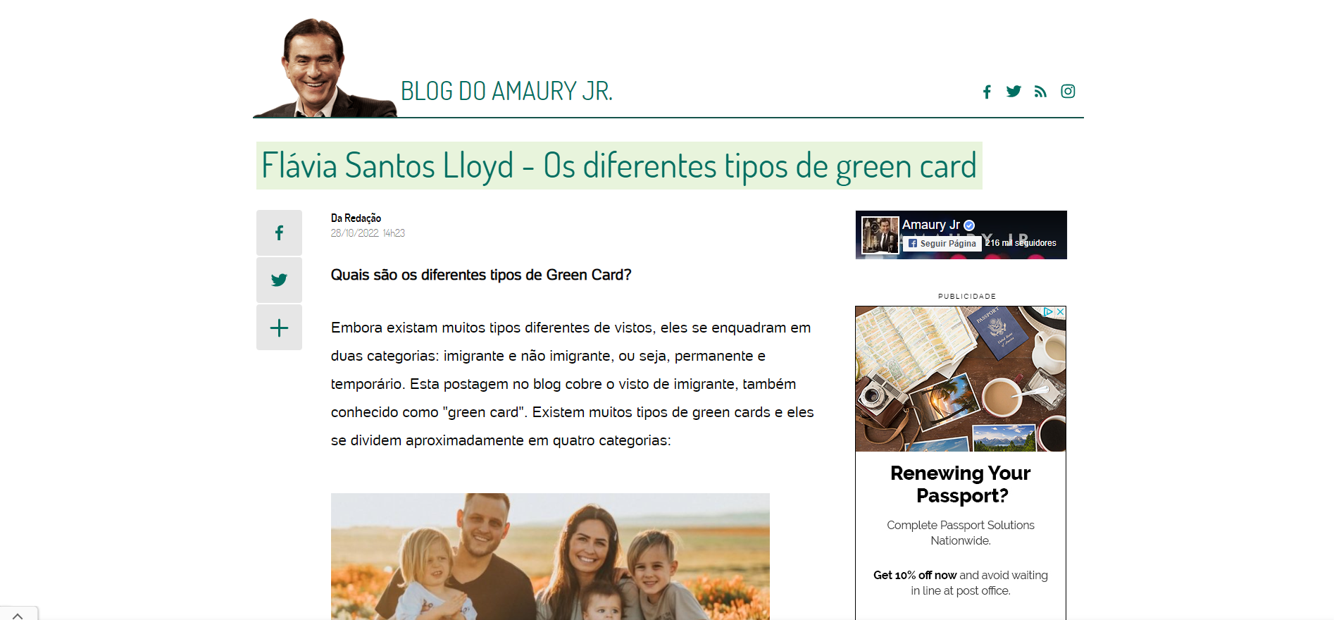 Article header featuring a professional, a family photo, and text about different types of green cards.
