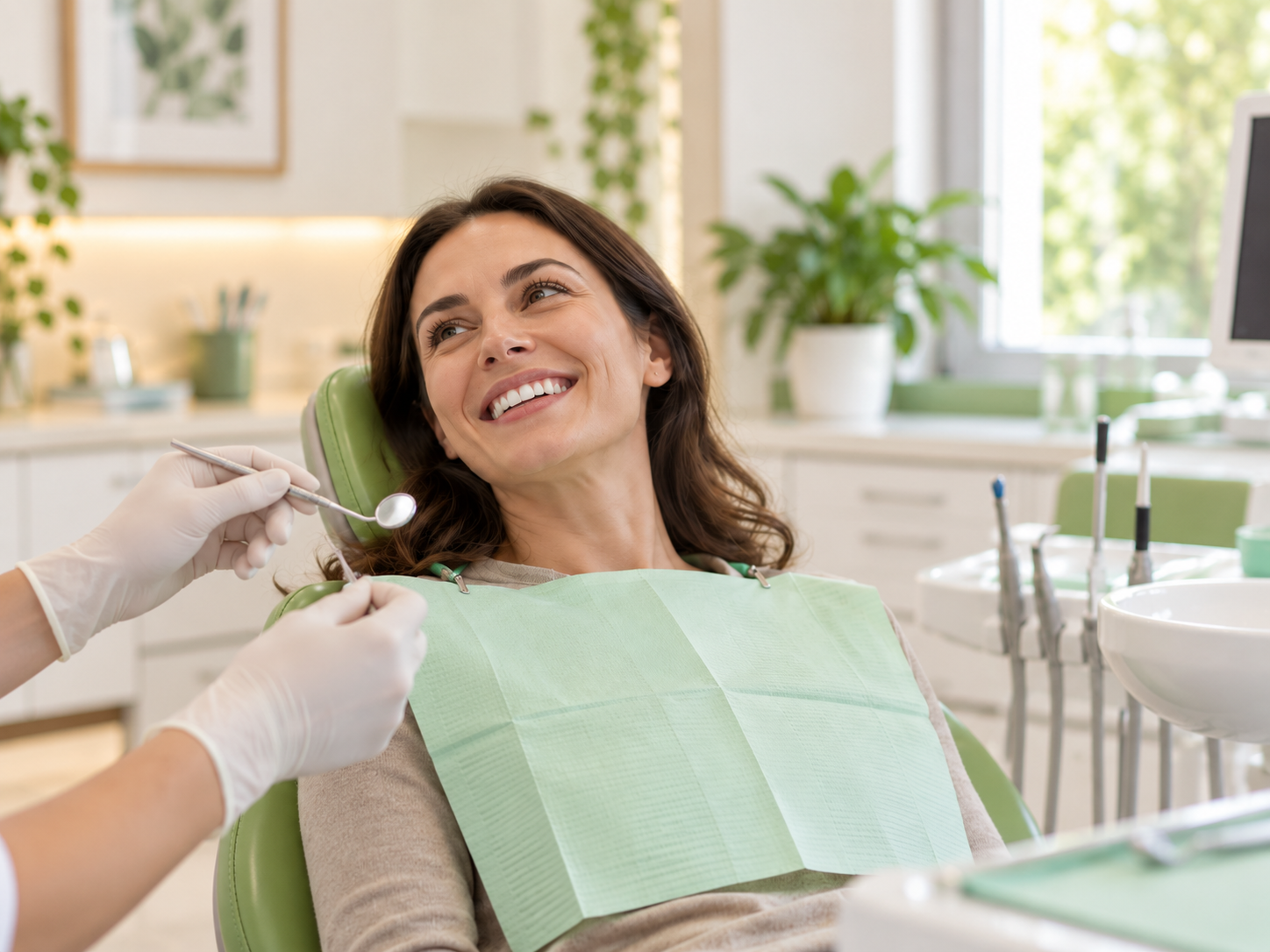 Paziente sorridente sulla poltrona odontoiatrica mentre il dentista prepara il trattamento in una clinica luminosa.