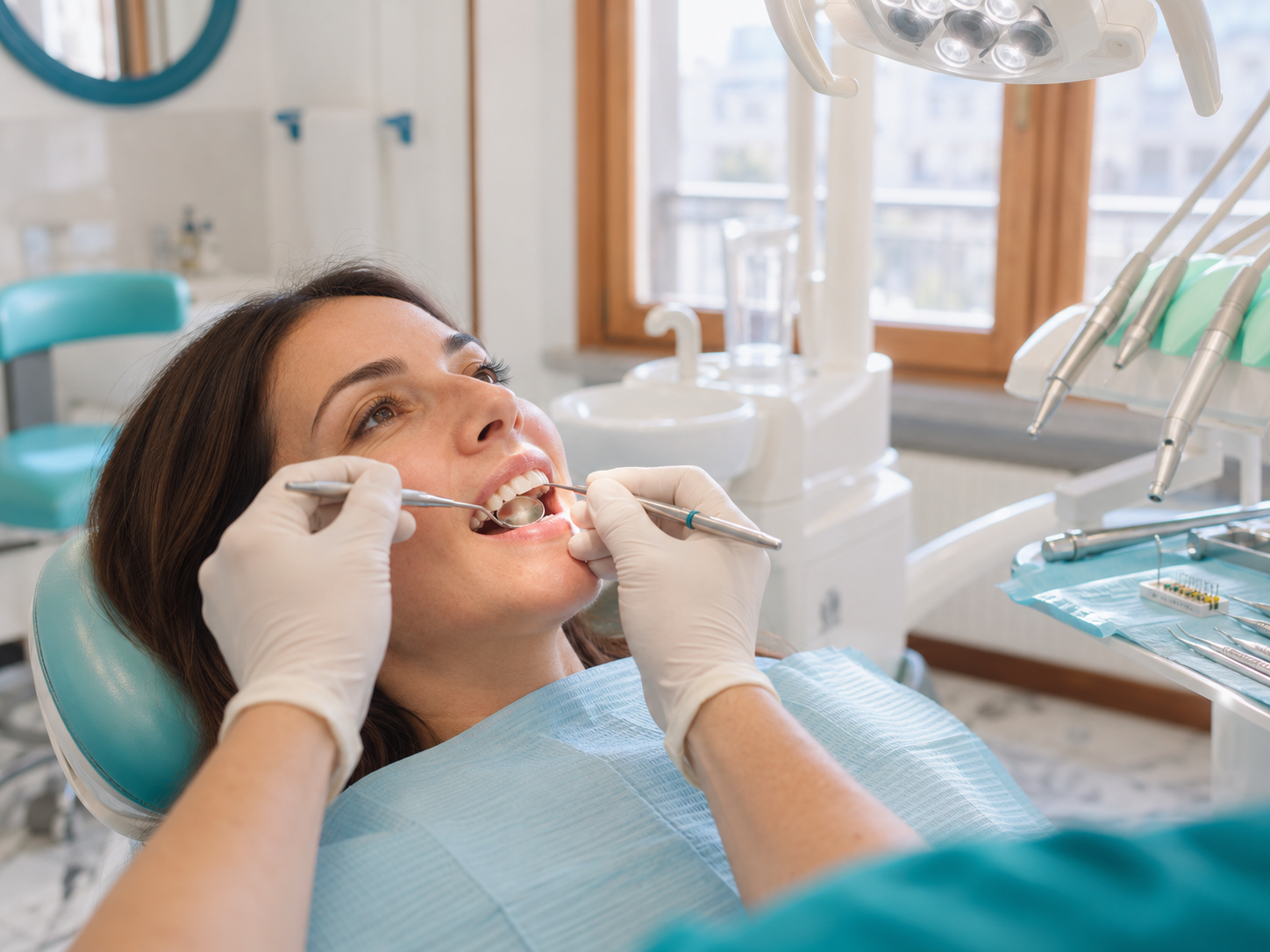 Paziente seduto sulla poltrona del dentista durante una visita odontoiatrica, con strumenti da dentista e mani guantate in una clinica luminosa.