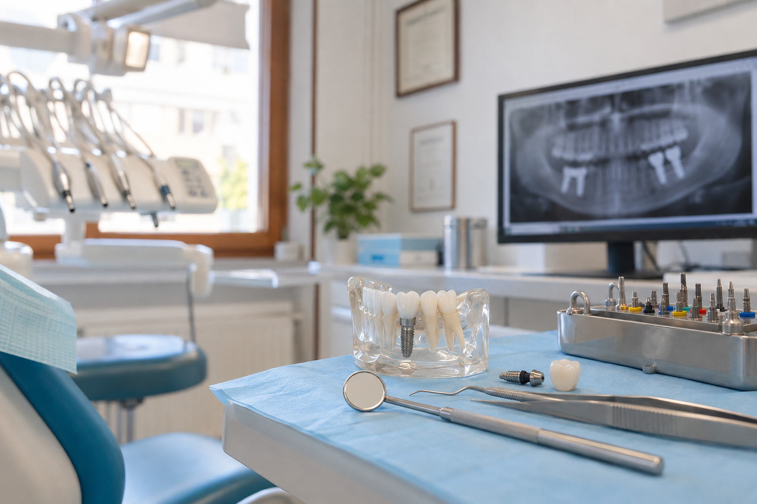 Studio dentistico con poltrona per la visita, strumenti su un vassoio e radiografia visualizzata su un monitor.