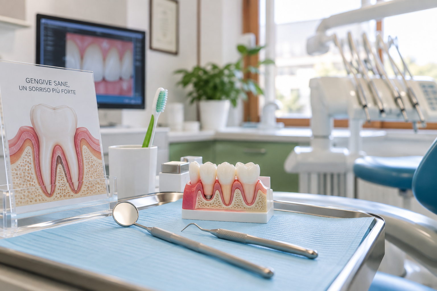 Vassoio da studio dentistico con modello di dente, specchio e sonda davanti a un monitor e alla poltrona odontoiatrica.