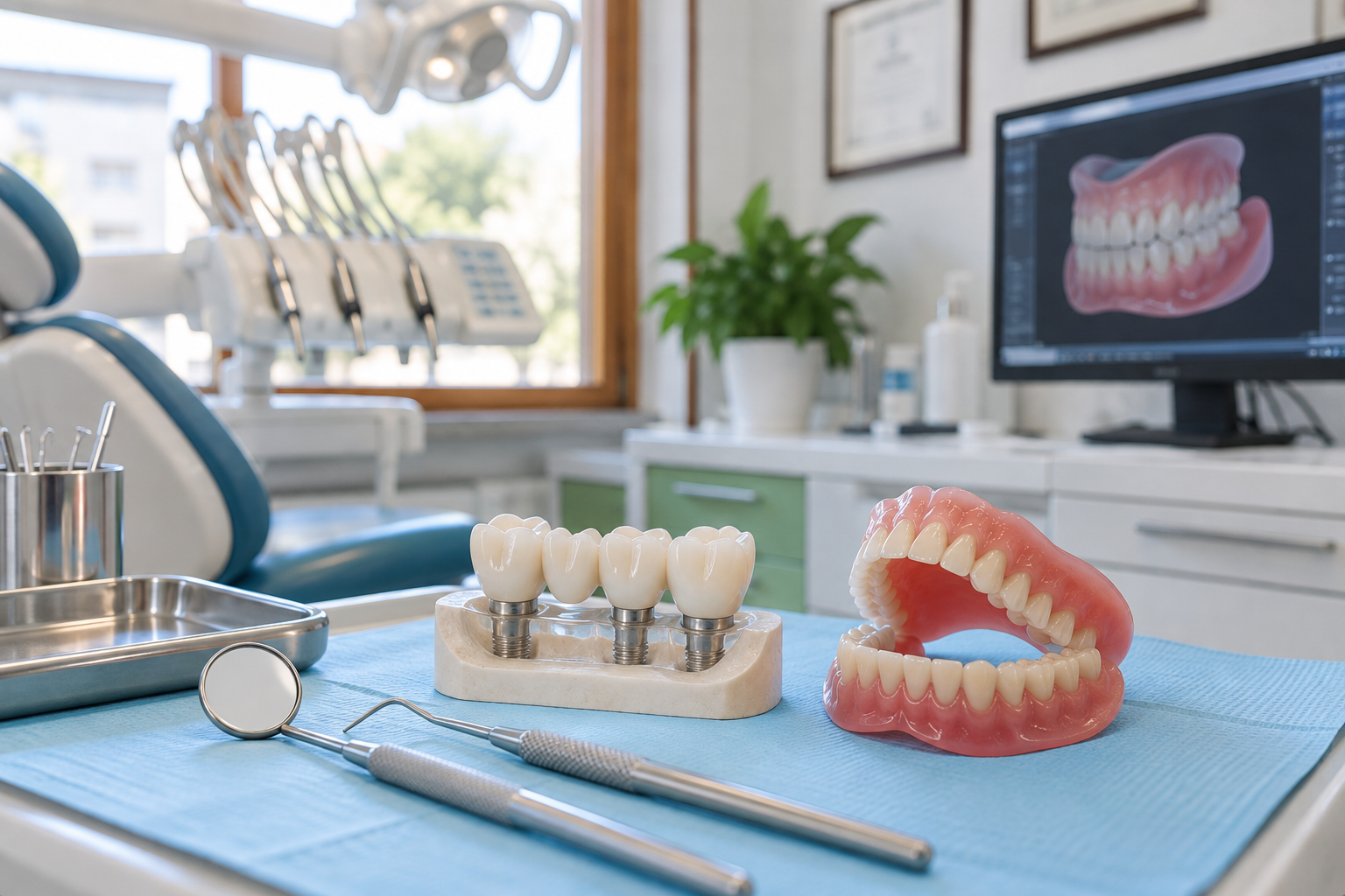 Vassoio da studio dentistico con strumenti e modelli di impianti su un telo blu, sedia e monitor sullo sfondo.