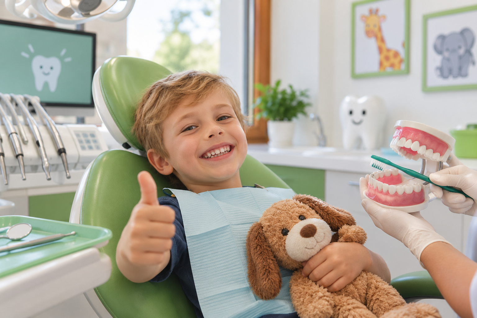 Un bambino seduto sulla poltrona del dentista fa il segno del pollice in su mentre tiene in mano un orsacchiotto, con un modellino odontoiatrico accanto a lui.