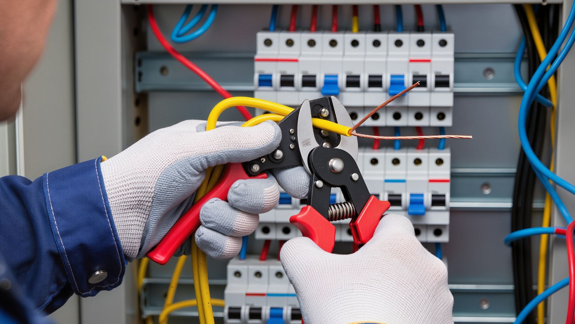 General contractors working on electrical panel wiring during a home improvement project