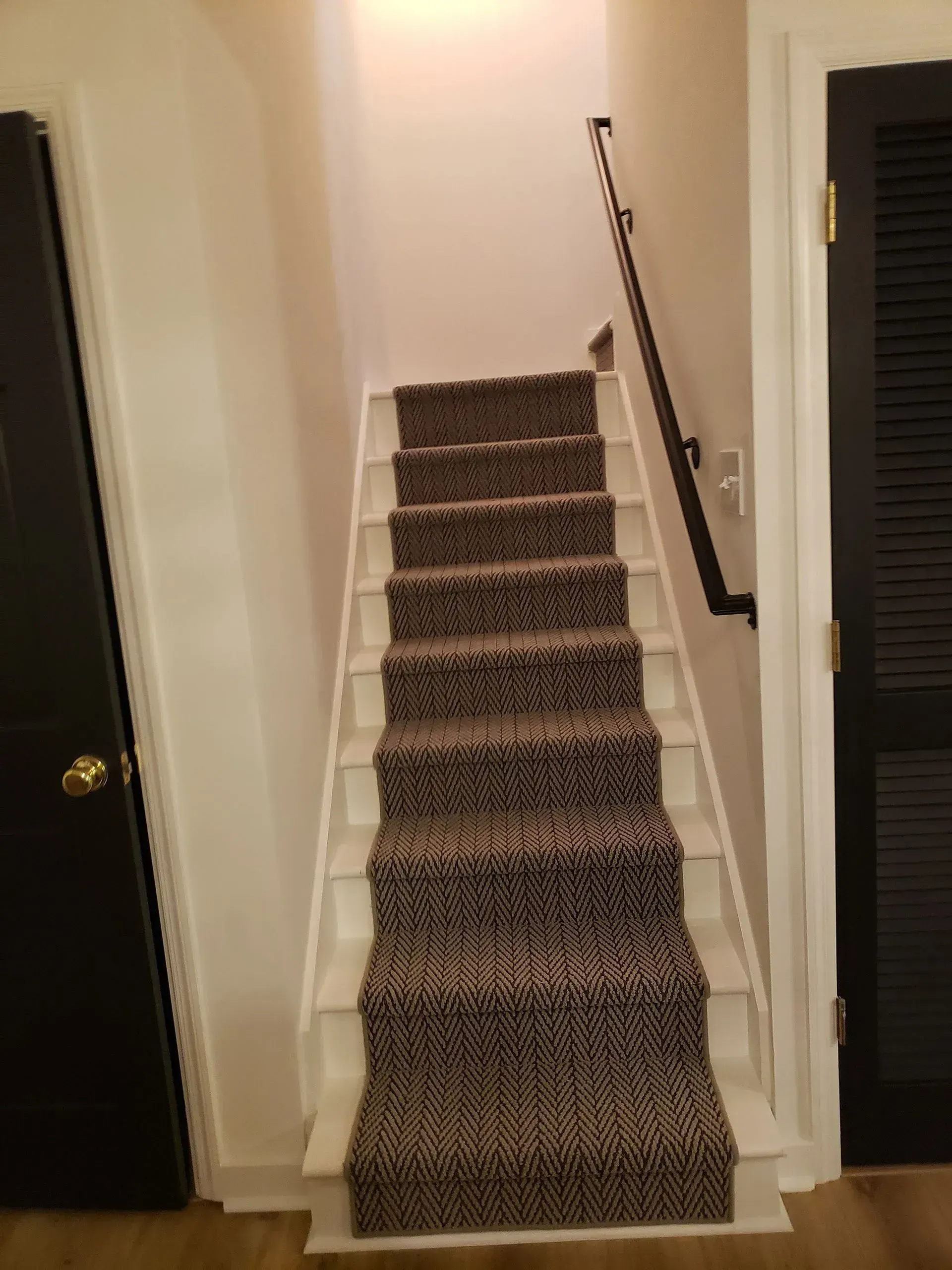 Carpeted staircase in a narrow hallway with white walls and dark doors