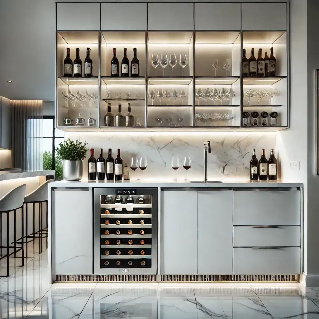 A kitchen with wine bottles and glasses on shelves