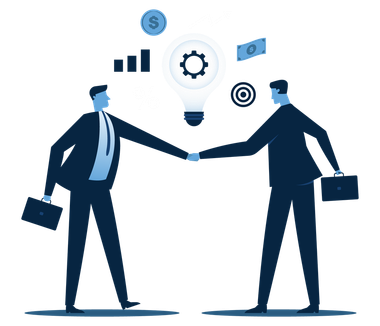 Two business people in suits shaking hands, money and ideas floating above them.