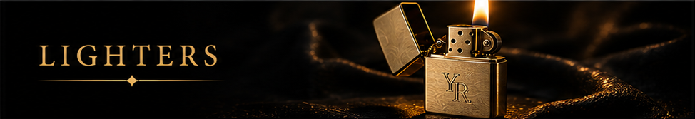 Gold lighter with flame on a dark background; the word “LIGHTERS” appears on the left.