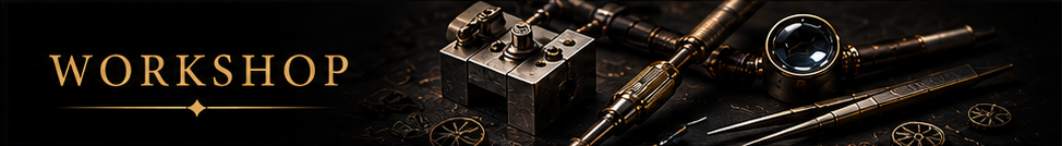 Dark workshop banner with warm brown tones and a gold “WORKSHOP” title over tools.