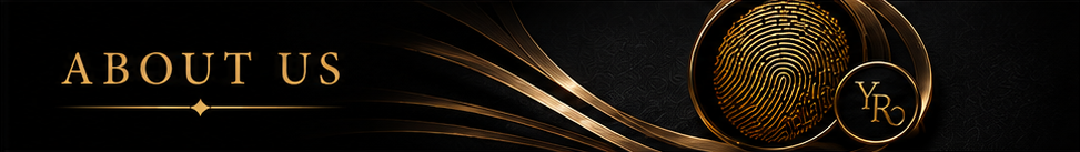 About Us banner with gold text and decorative circular emblem on a black background