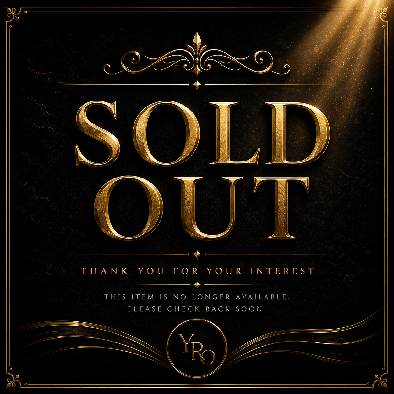 Gold text “New Items Coming Soon” on a black background with a draped covered object and spotlight.