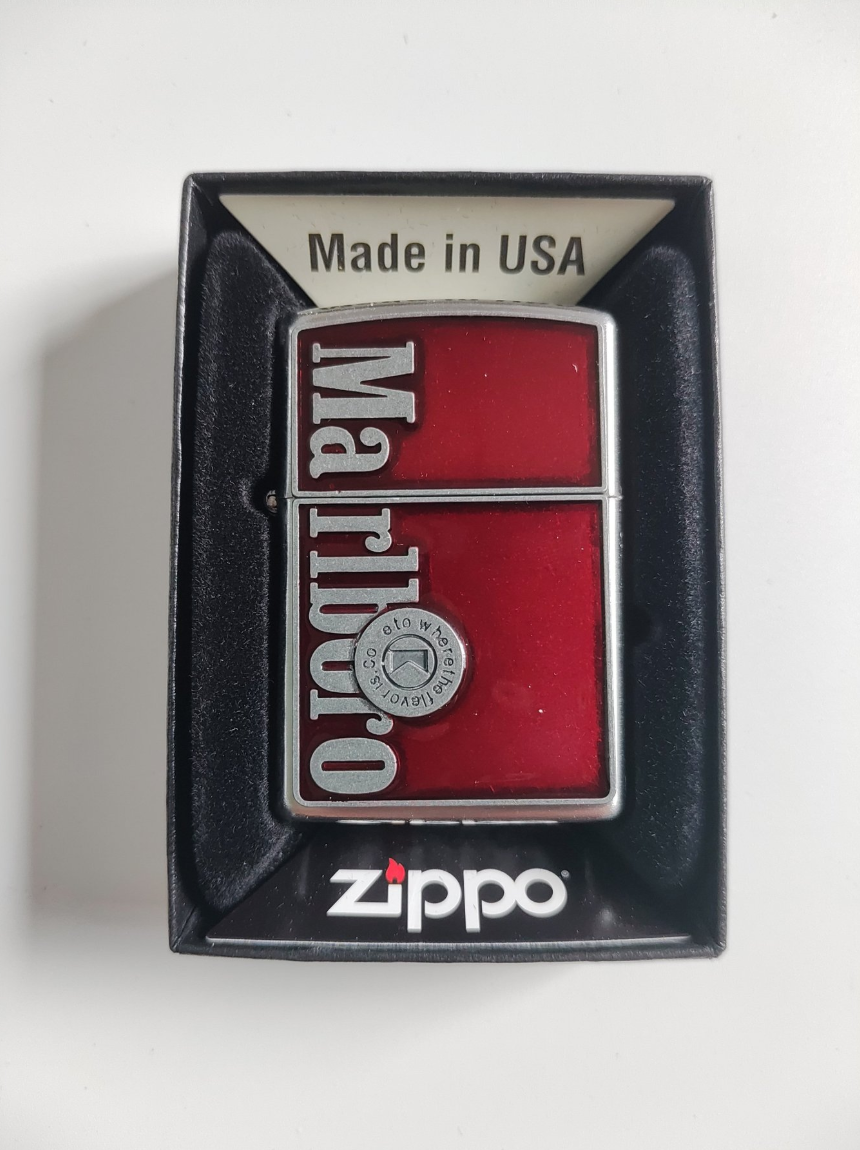 Marlboro Zippo lighter in black and red packaging, labeled “Made in USA”