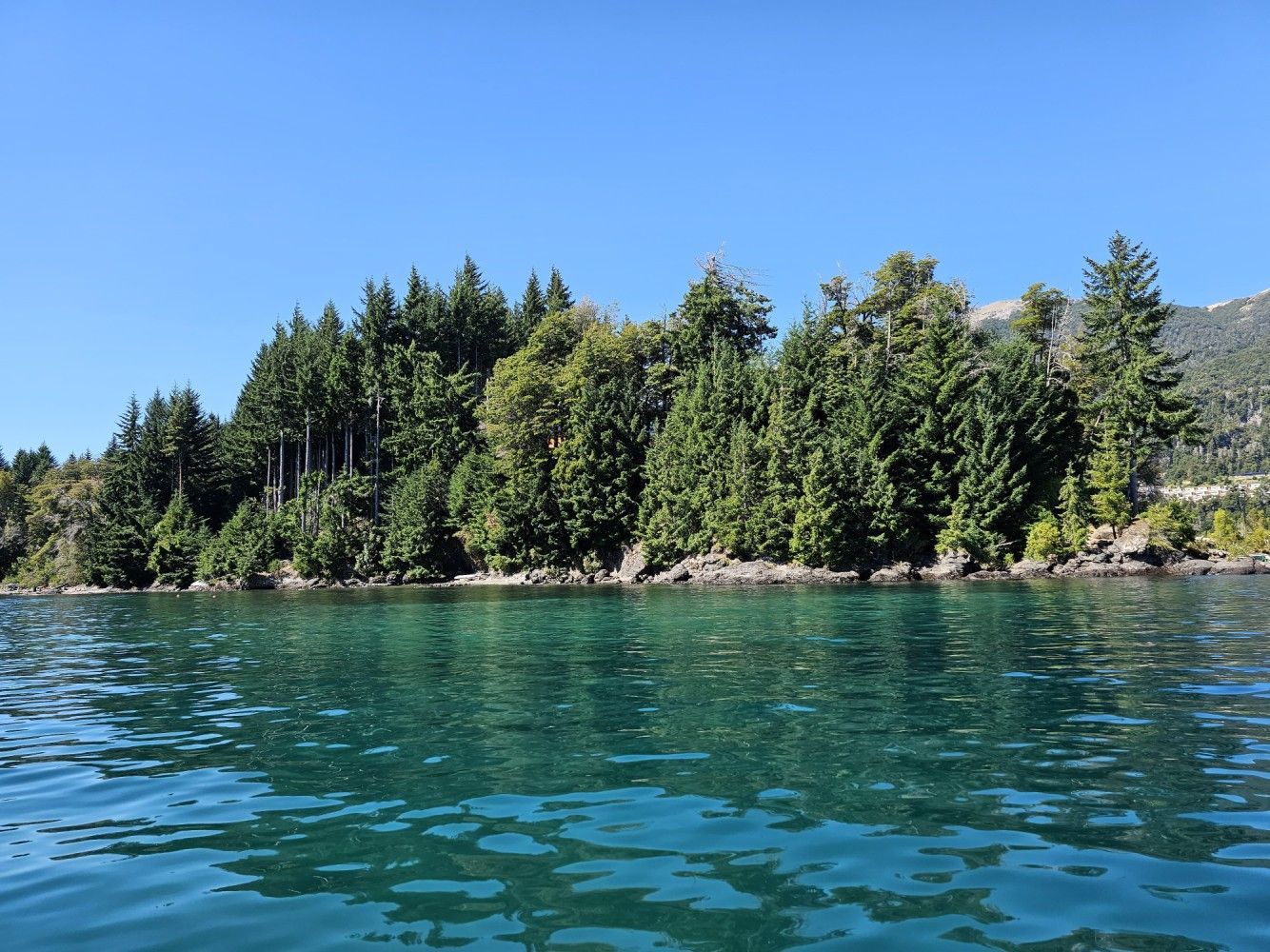 A lake with trees on the shore and mountains in the background