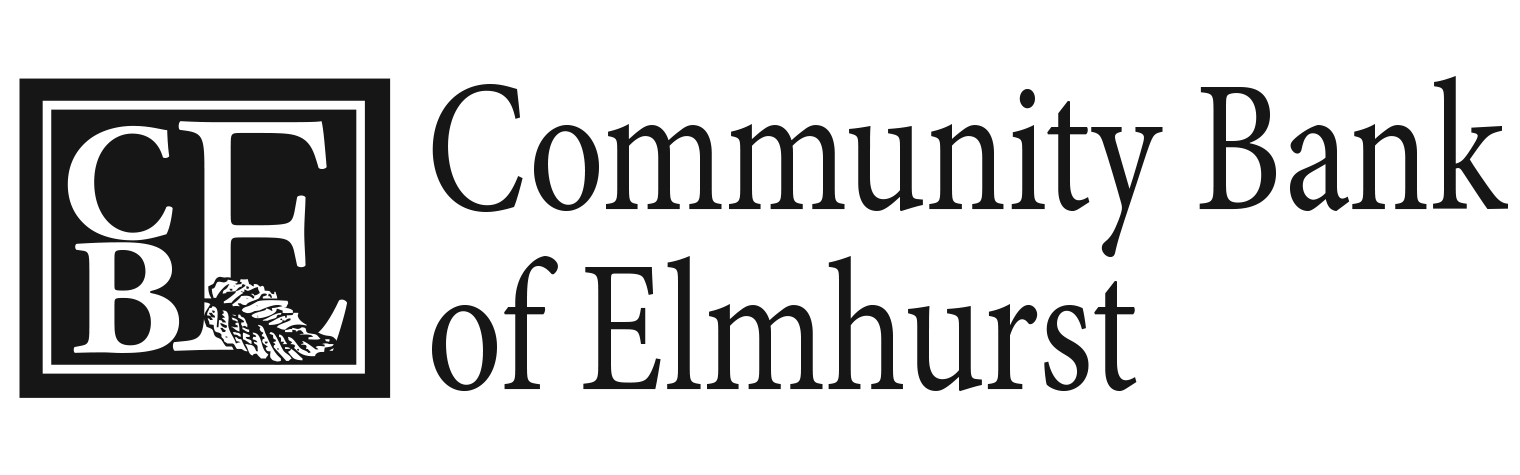 A black and white logo for the community bank of elmhurst