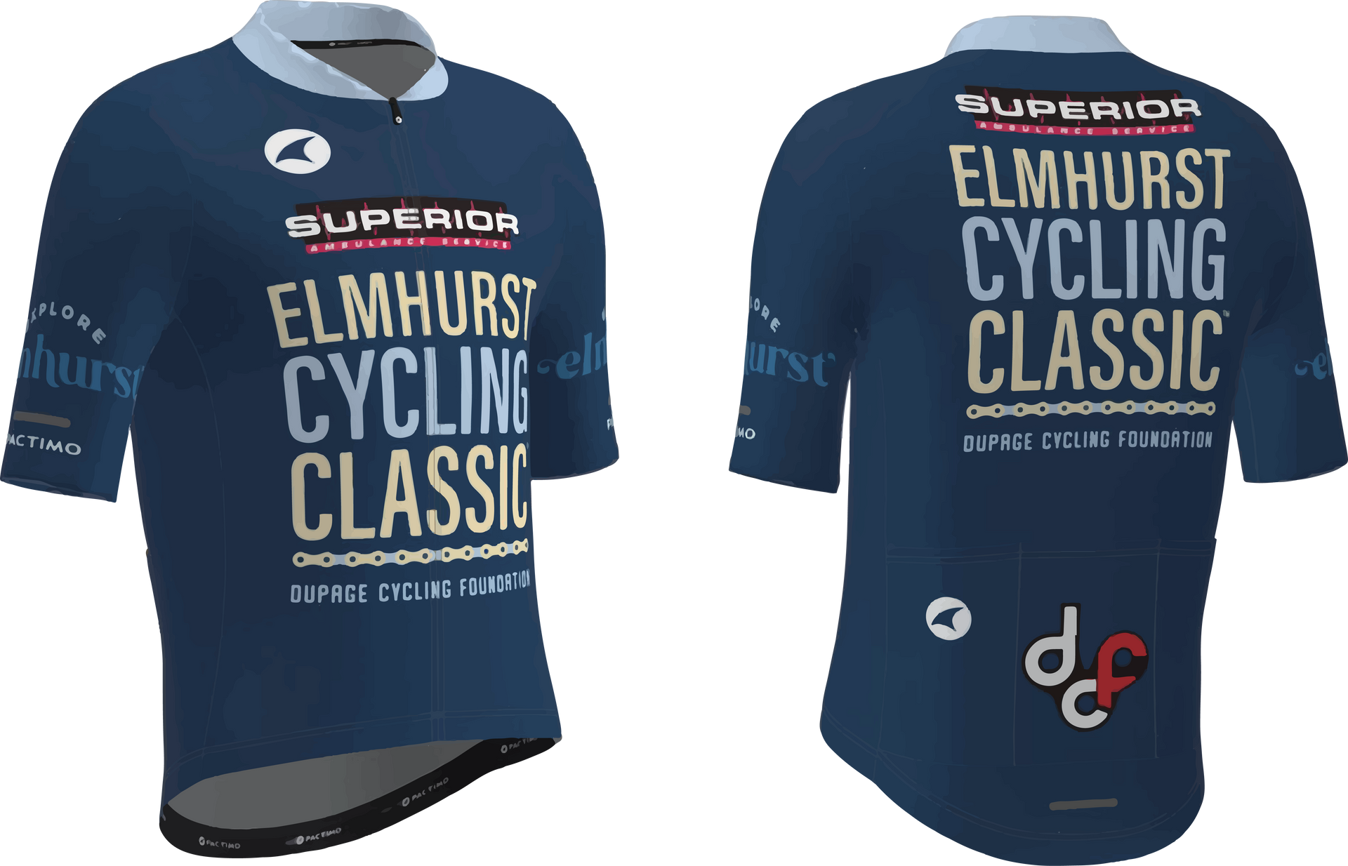 The front and back of a blue elmhurst cycling classic jersey