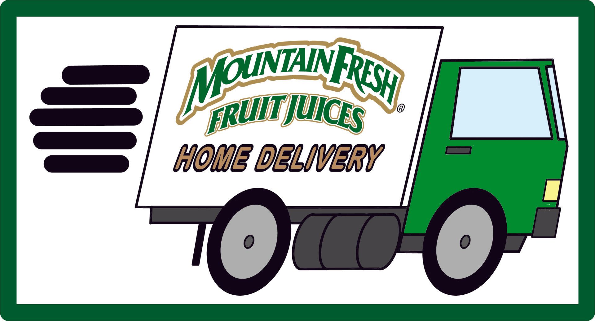 Mountain Fresh Fruit Juices home delivery truck with green cab and white box body