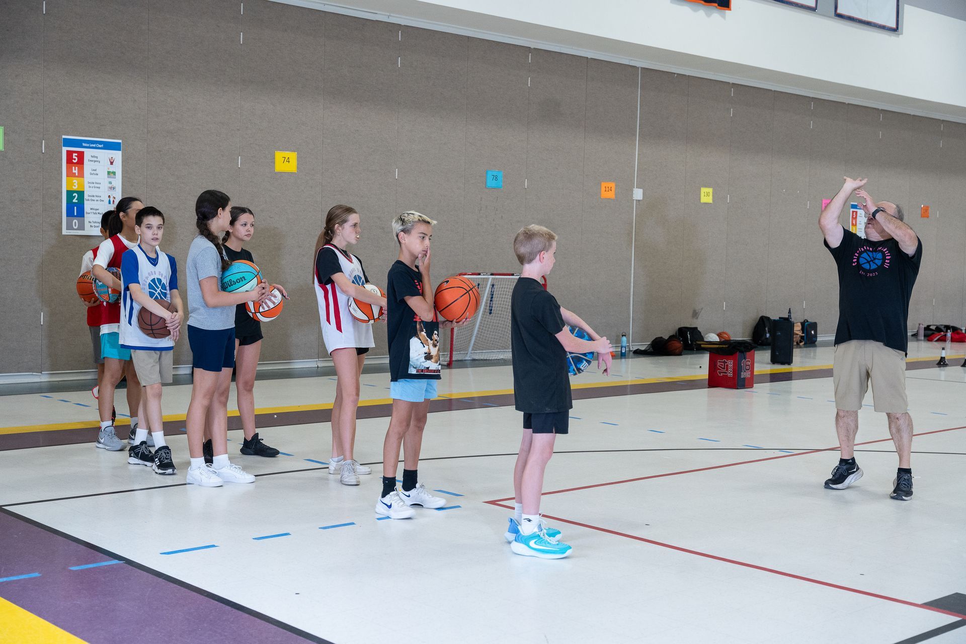 Children practicing basketball in a gym while a coach demonstrates a shot